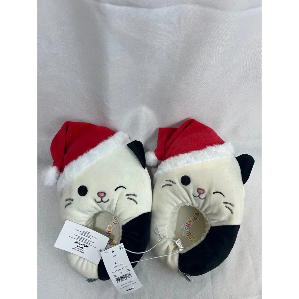 Squishmallows‎ Santa Hat Cat Slippers Off-White Black Holiday Kids Size 4/5 NEW